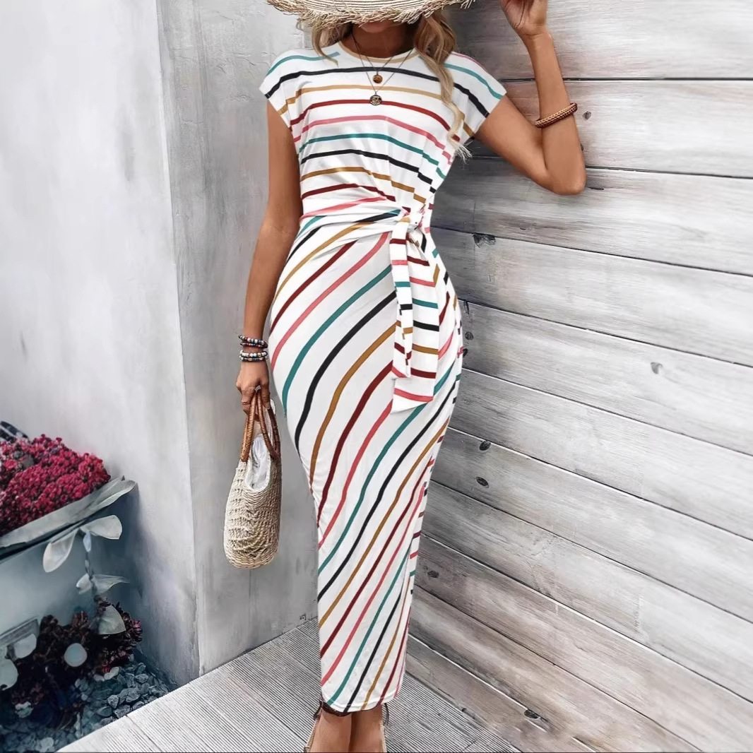 Elegant Striped Round Neck Short Sleeve Long Dress with Waist Tie