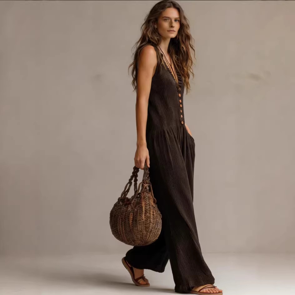 Women's V-Neck Sleeveless Wide-Leg Knit Jumpsuit