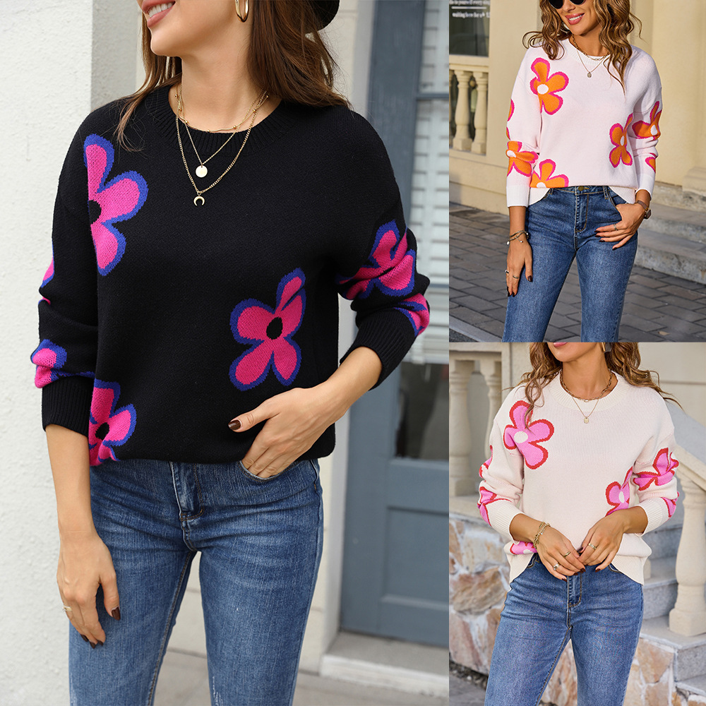 Floral Jacquard Loose Knit Sweater Women's Colorblock Crewneck Pullover