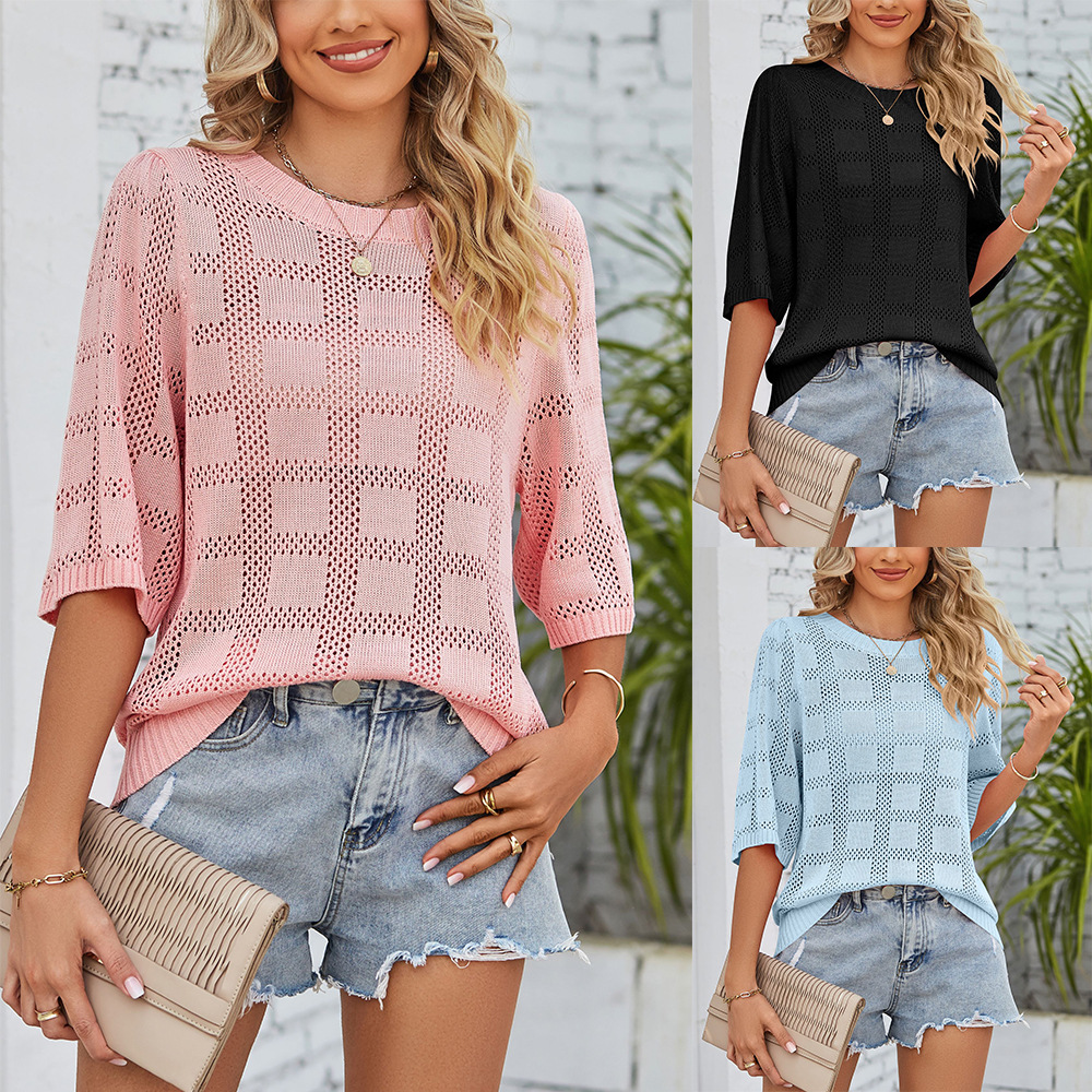 Women's Round Neck Hollow-Out Knit Sun Protection Top