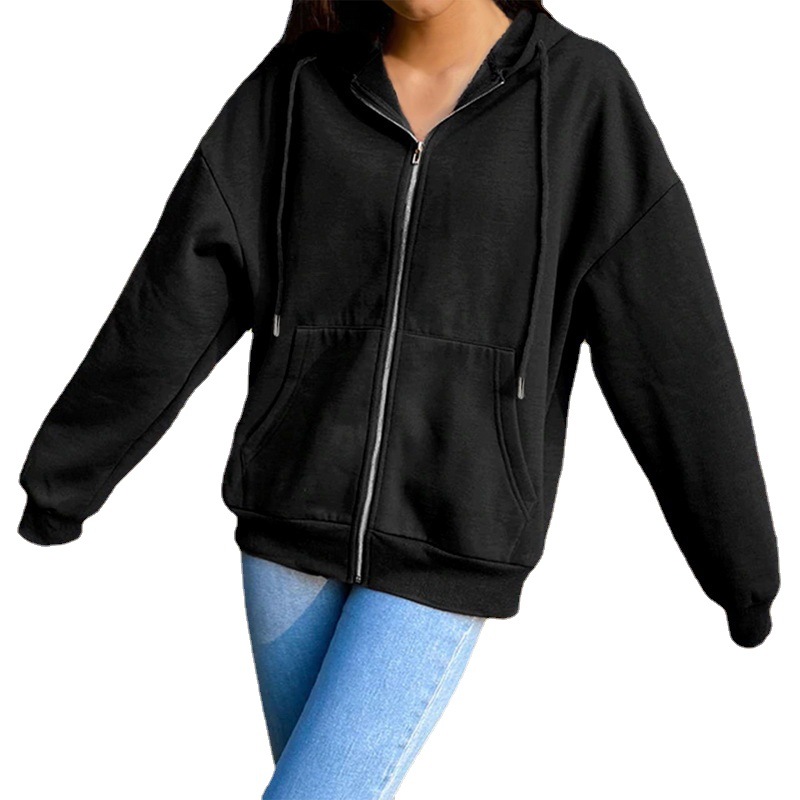 Women's Fleece-Lined Hooded Zip-Up Sweatshirt Long Sleeve Solid Color