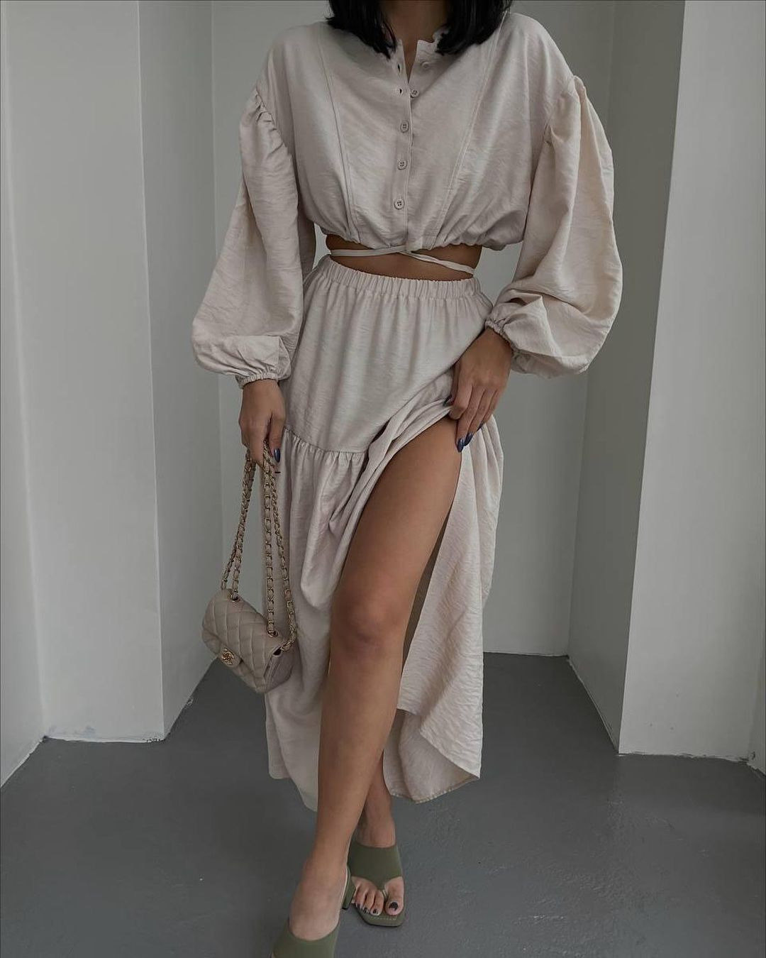Tie-Front Long-Sleeve Top and Pleated Slit Midi Skirt Set