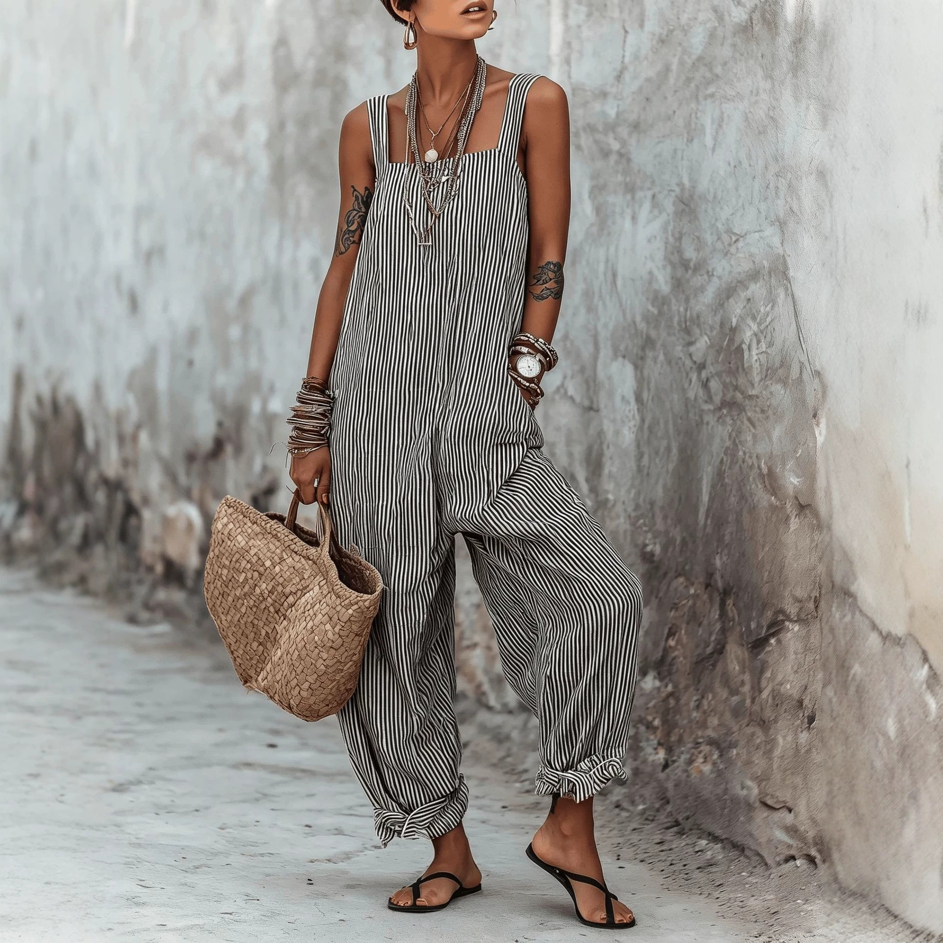 Women's Sleeveless Striped Print Loose Casual Jumpsuit
