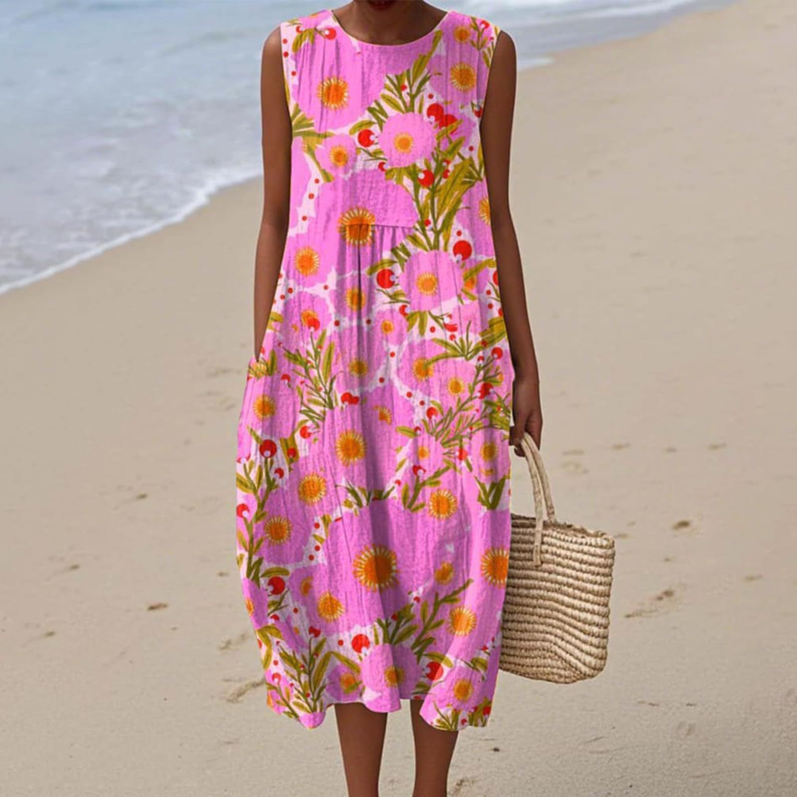 Women's Vintage Floral Print Midi Dress Sleeveless Round Neck Slim Fit