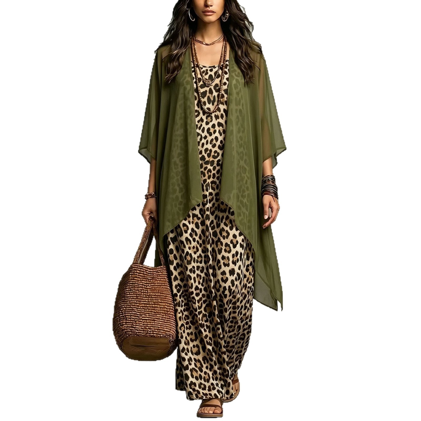 Leopard Print Cami Maxi Dress and Cardigan Two-Piece Set