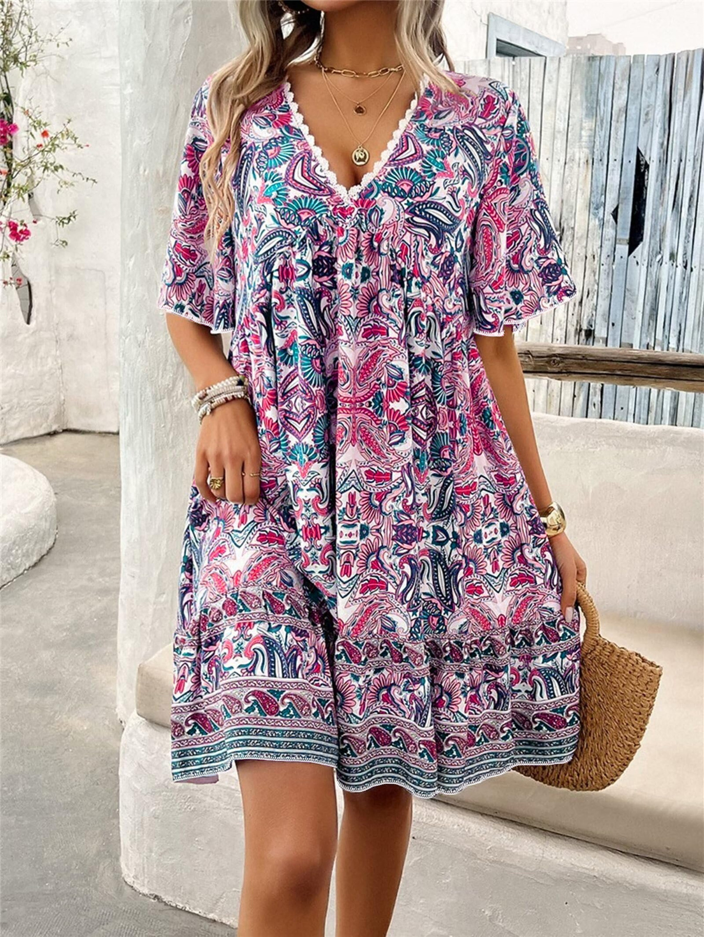 Floral Print Short Sleeve V-Neck Midi Dress with Lace Trim