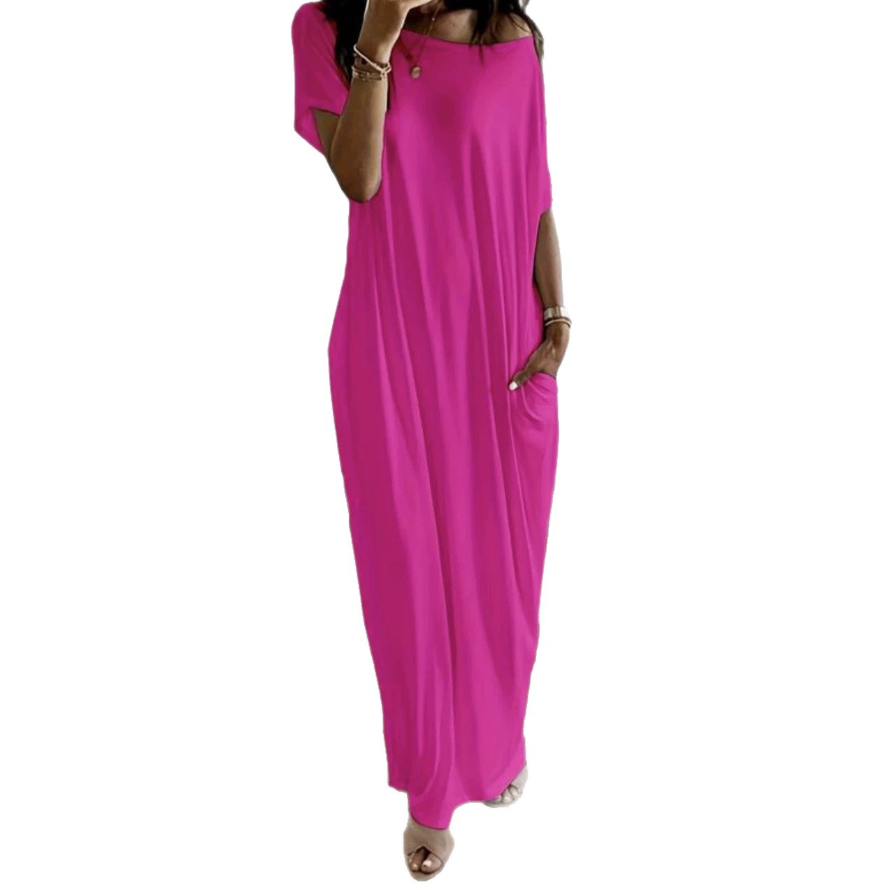 Women's Solid Short Sleeve Midi Casual Dress