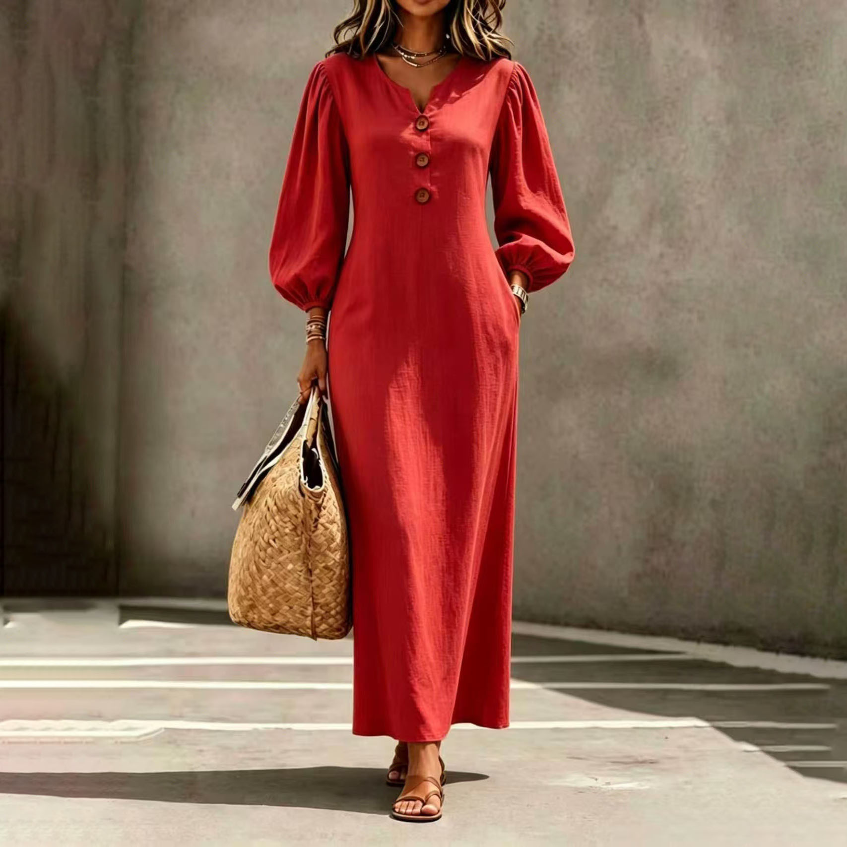 Women's V-Neck Button Bubble Sleeve Loose Long Dress