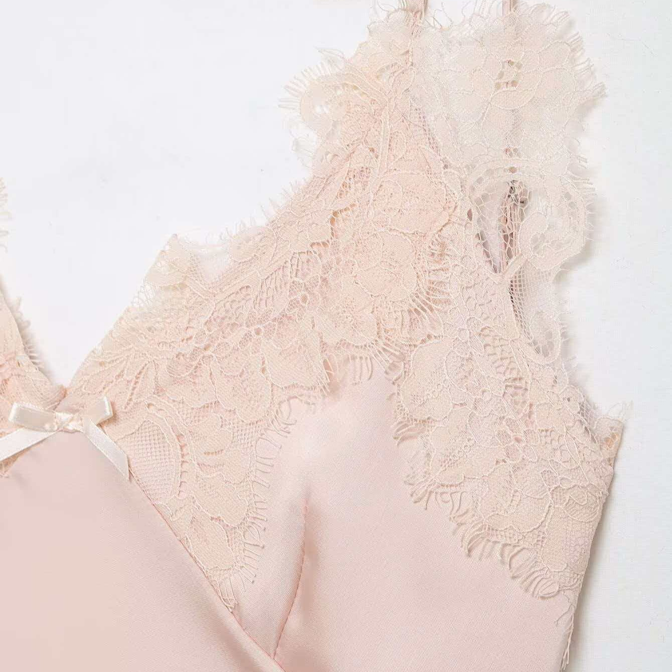 Light Pink Satin Lace V-Neck Sleeveless Slip Nightdress
