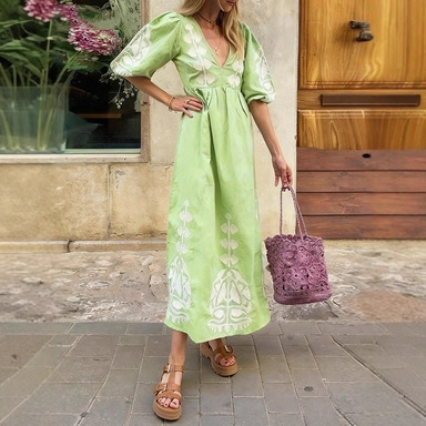 Floral Print V-Neck Puff Sleeve Open Back Loose Casual Midi Dress
