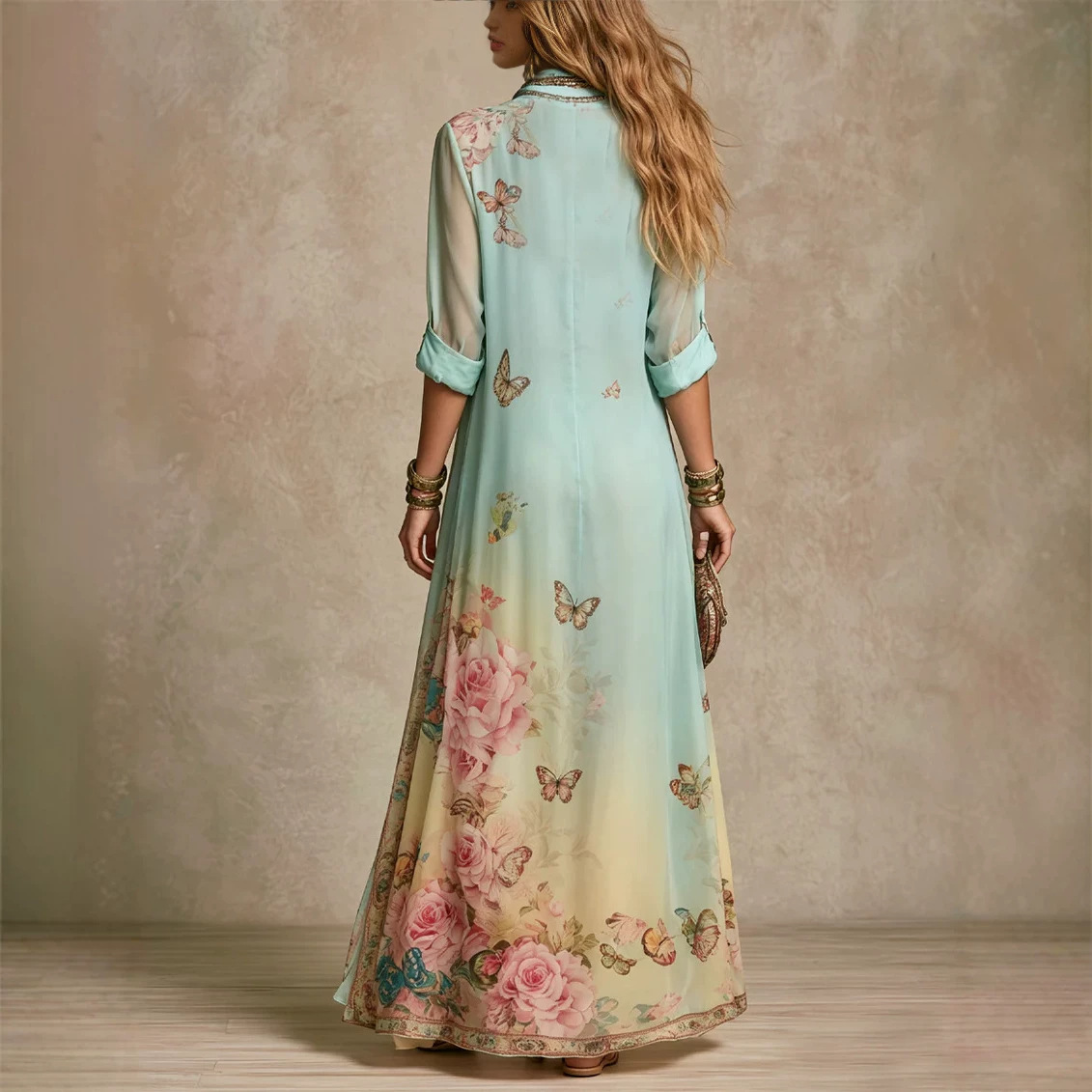 Women's Vintage Geometric Print A-Line Long Sleeve Dress with Embroidered Collar