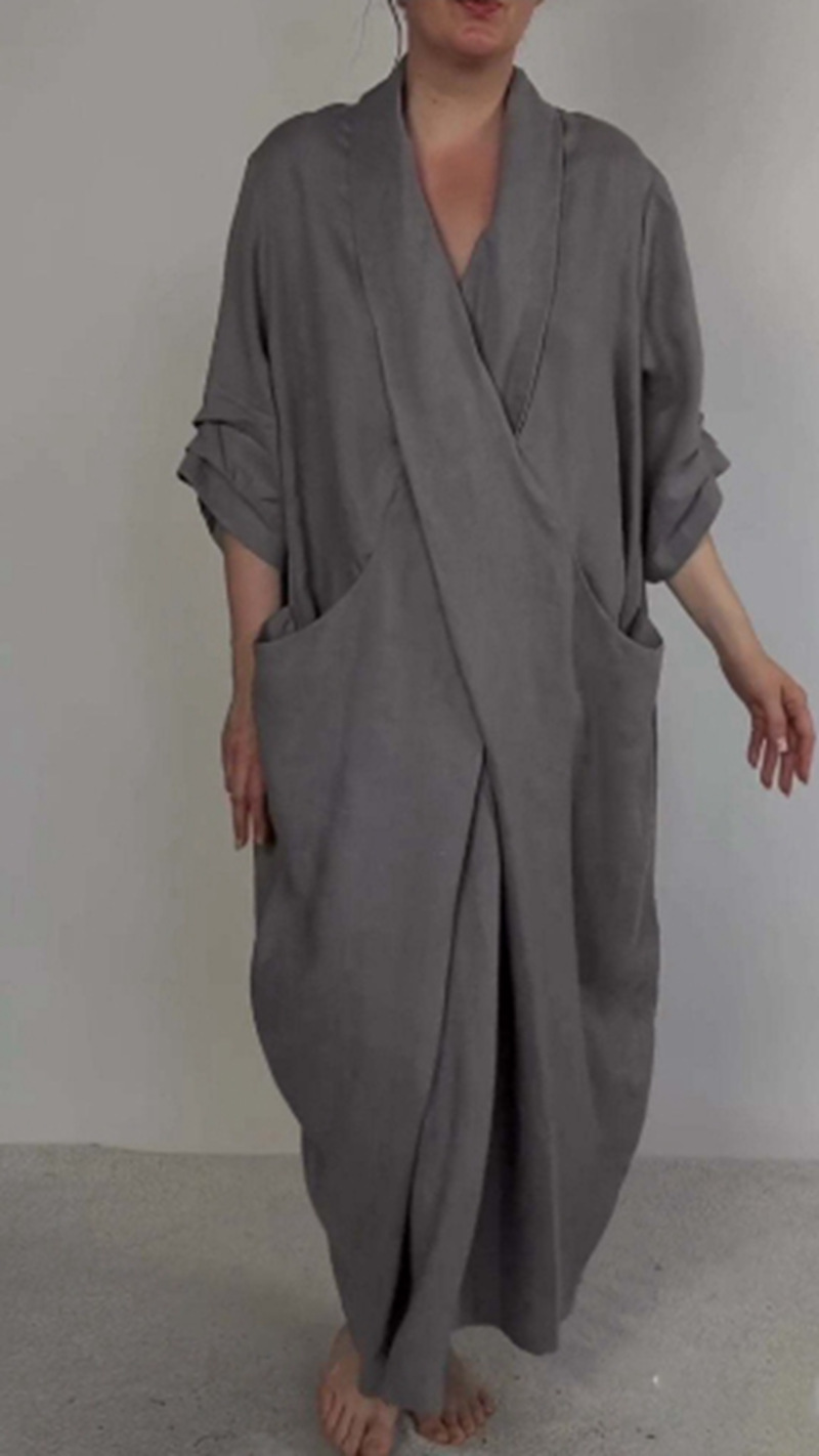 Women's V-Neck Split Hem Casual Dress Solid Color Loose Fit Long Dress