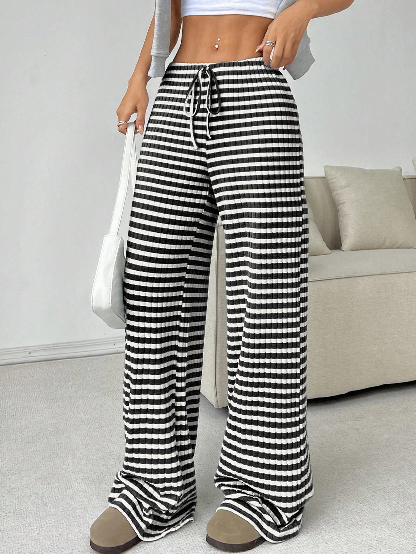 Women's Striped & Solid Cotton Straight-Leg Pants with Elastic Drawstring Waist