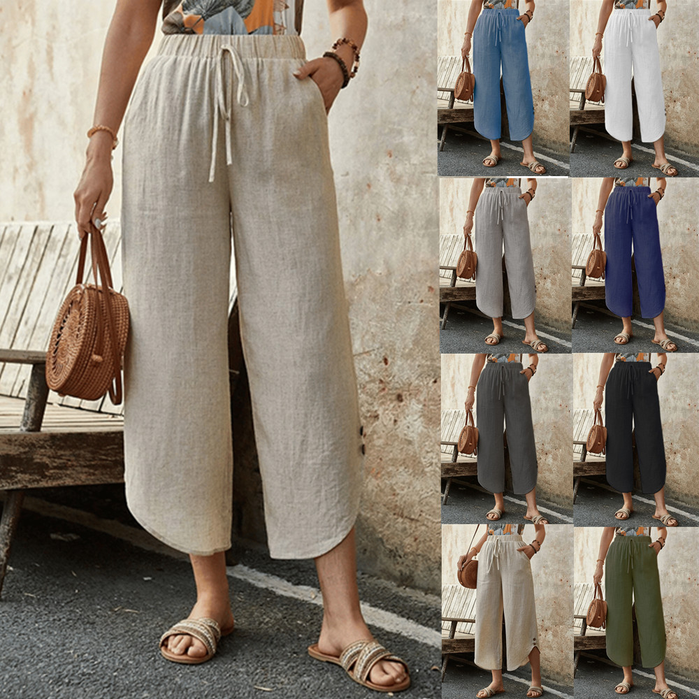 Women's Casual Cotton Linen High Waist Wide Leg Cropped Pants