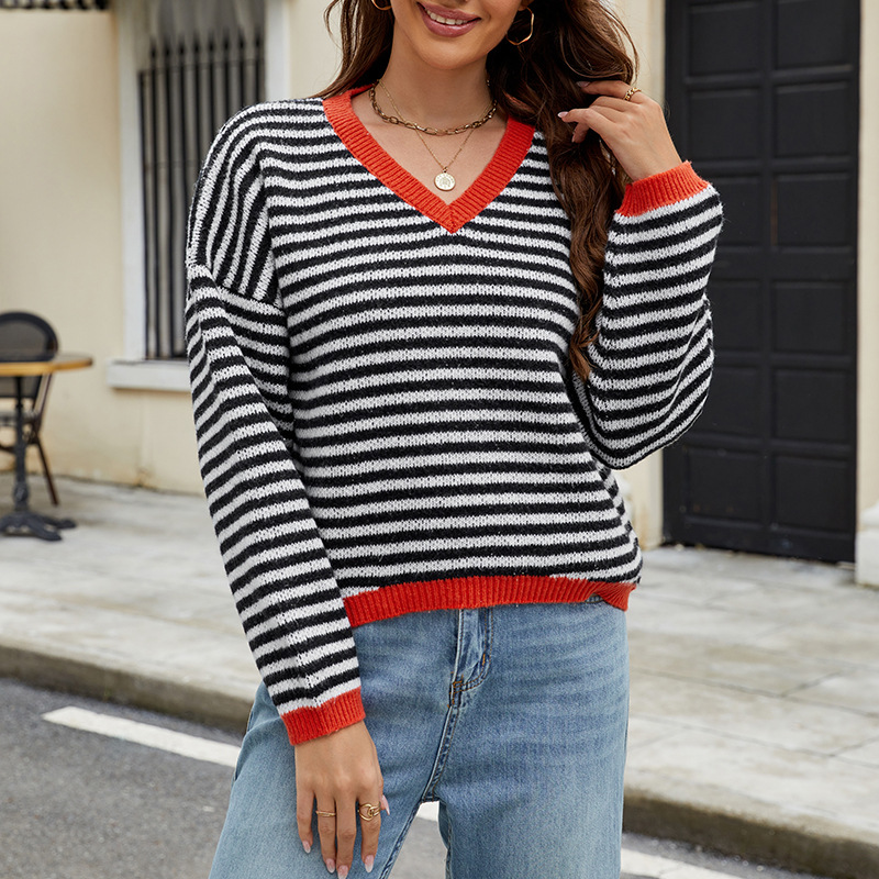 Striped V-Neck Pullover Sweater Colorblock Knit Top