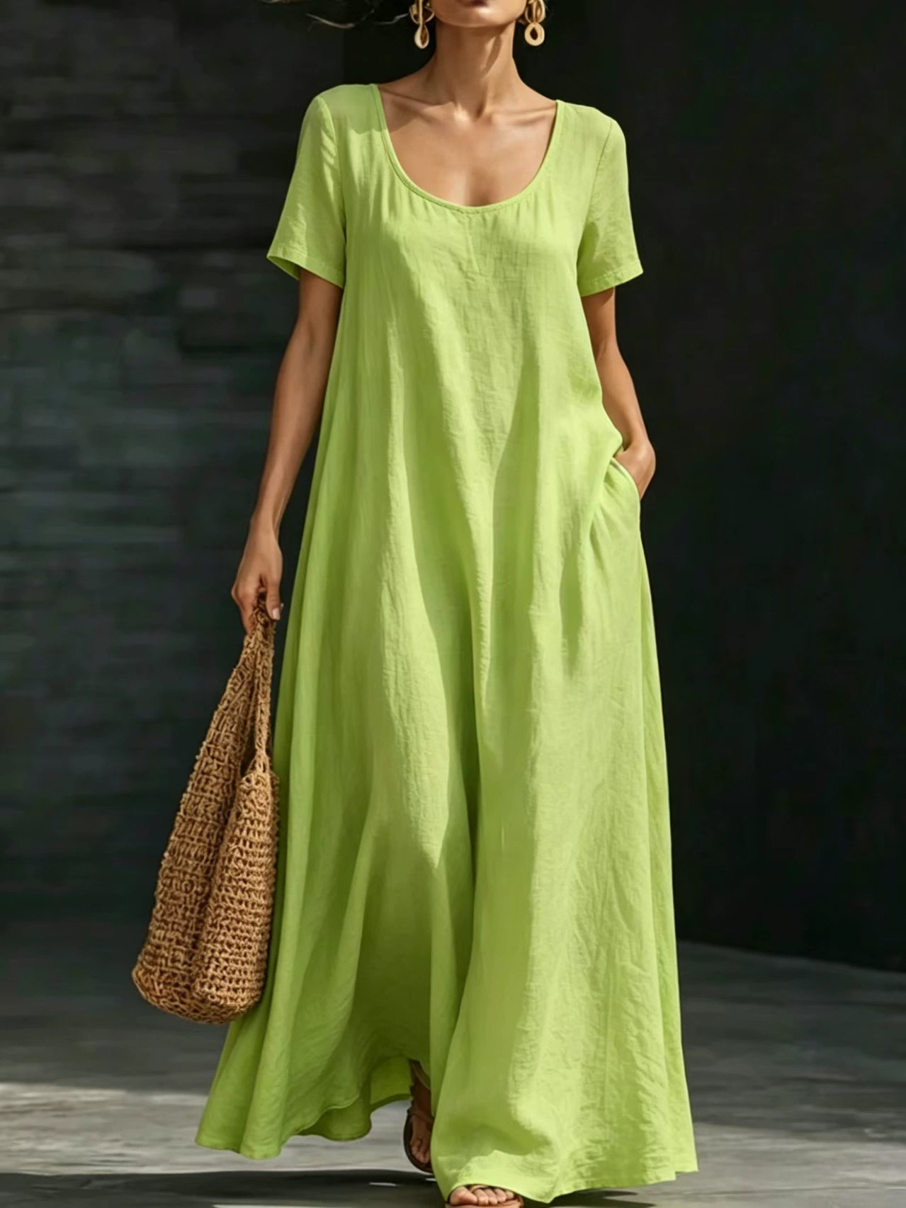 Summer U-Neck Short Sleeve Loose Fit Maxi Dress Solid Casual