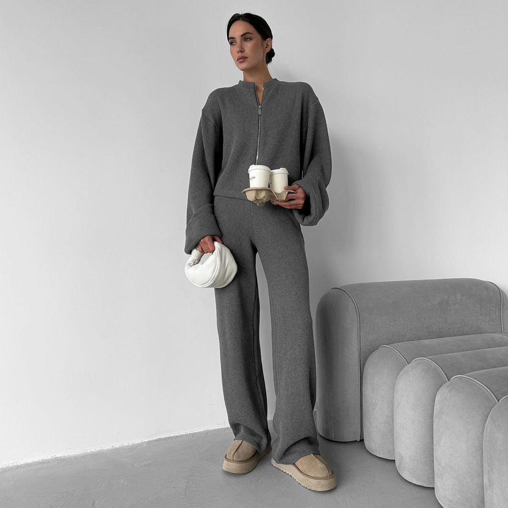 Knit Long Sleeve Wide Leg Pants Set with Zip Cardigan