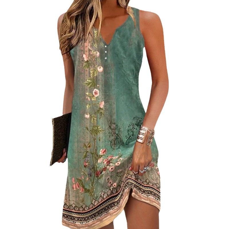 Women's Floral Print Single-Breasted A-Line Sleeveless V-Neck Dress