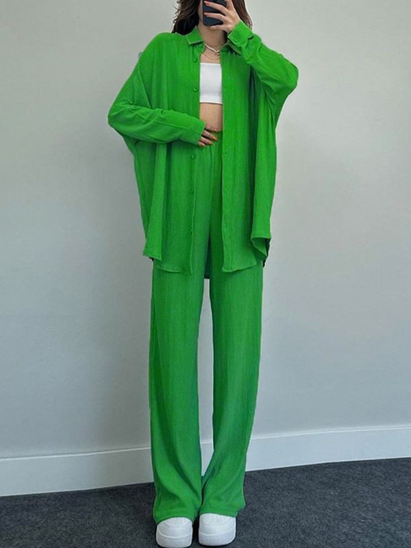 Women's Loose Stretch Crinkle Long Sleeve Shirt & Wide Leg Pants Casual 2-Piece Set