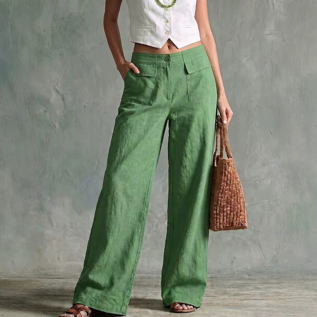 Women's Solid Color Wide-Leg Pants High Waist Elastic Casual Loose Fit