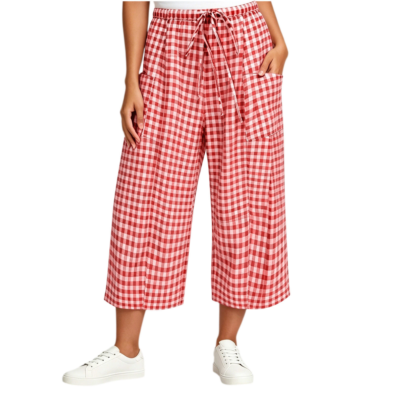 Plaid Wide-Leg Drawstring Pants with Pockets
