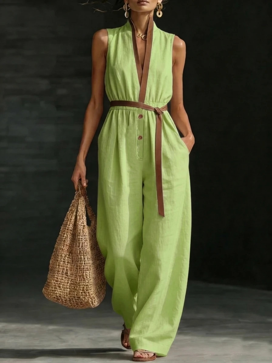 Sleeveless V-Neck Jumpsuit Women's Casual Straight-Leg