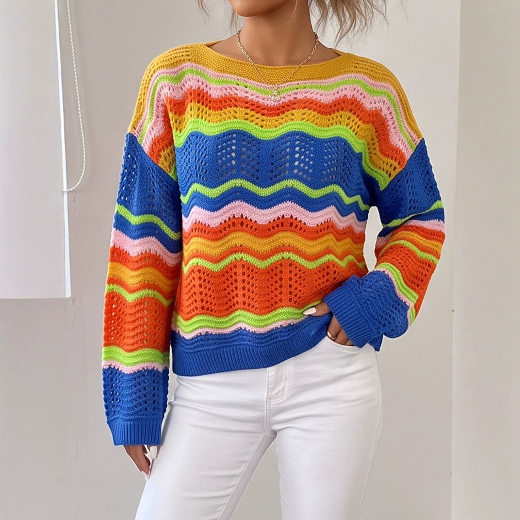Women's Rainbow Striped Color-Block Open-Knit Pullover Sweater