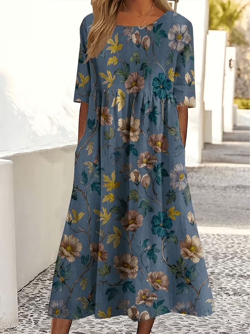 Women's Vintage Floral Print Pleated Midi Dress