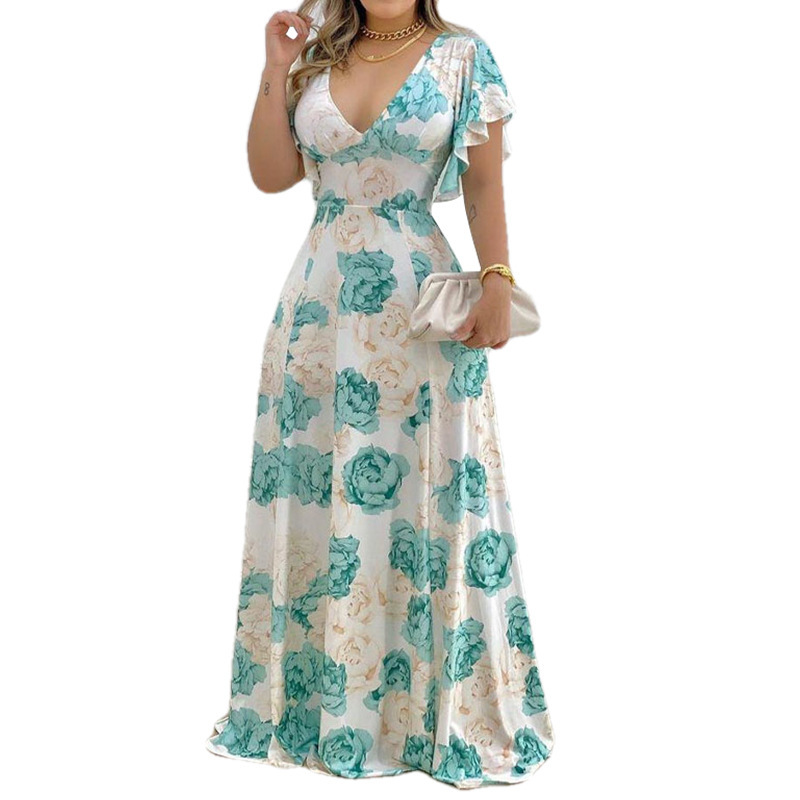 Women's Floral Print V-Neck High Waist A-Line Maxi Dress