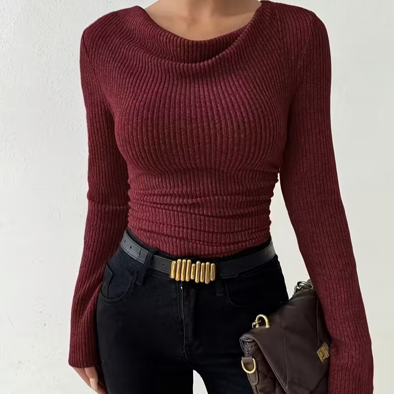 French Draped Cowl Neck Ribbed Knit Long Sleeve Top