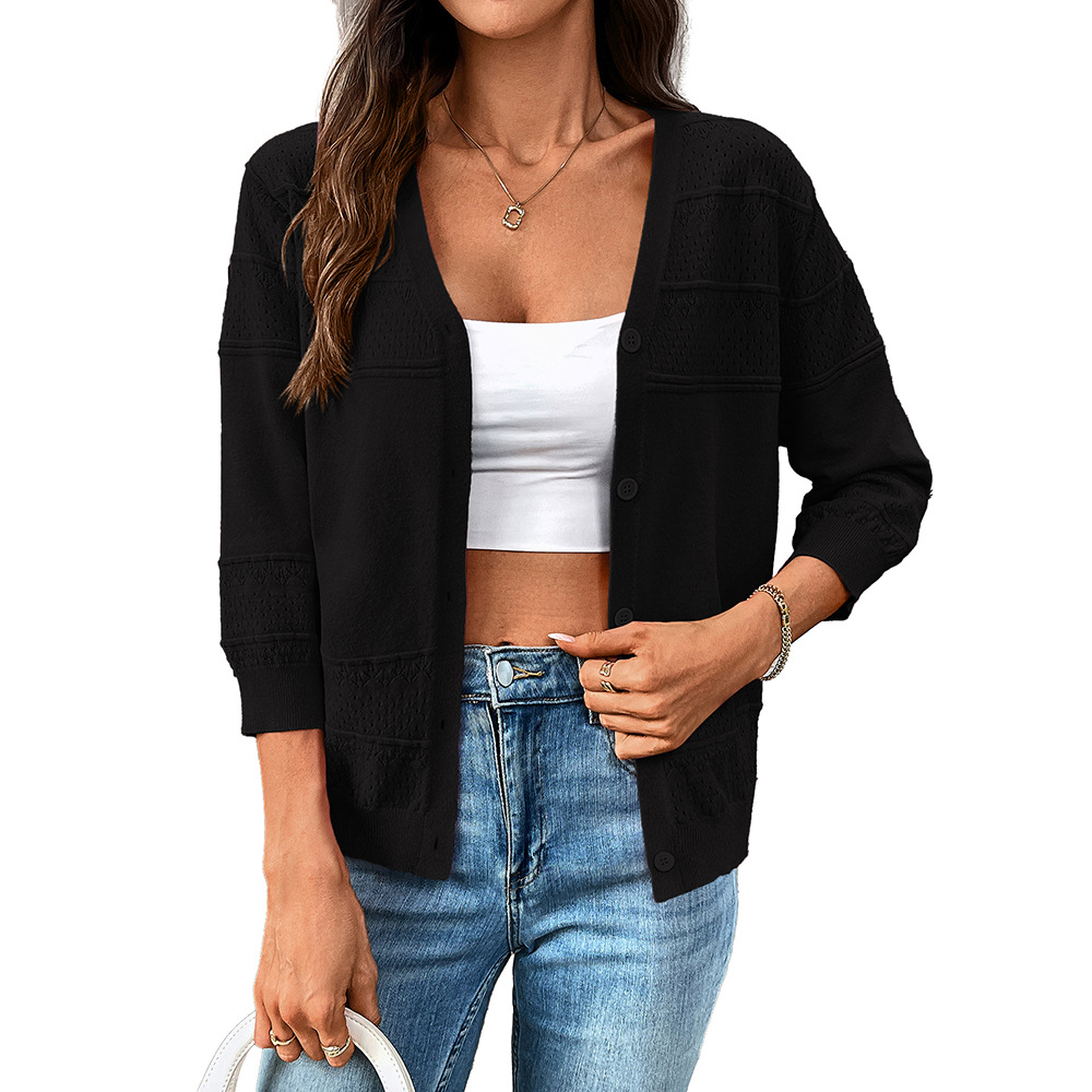 Women's Lightweight Openwork Knit V-Neck Cardigan with Three-Quarter Sleeves