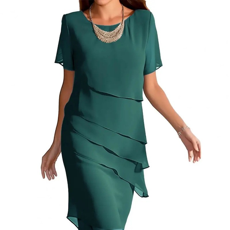 Summer Slim-Fit Chiffon Dress with Round Neck and Short Sleeves