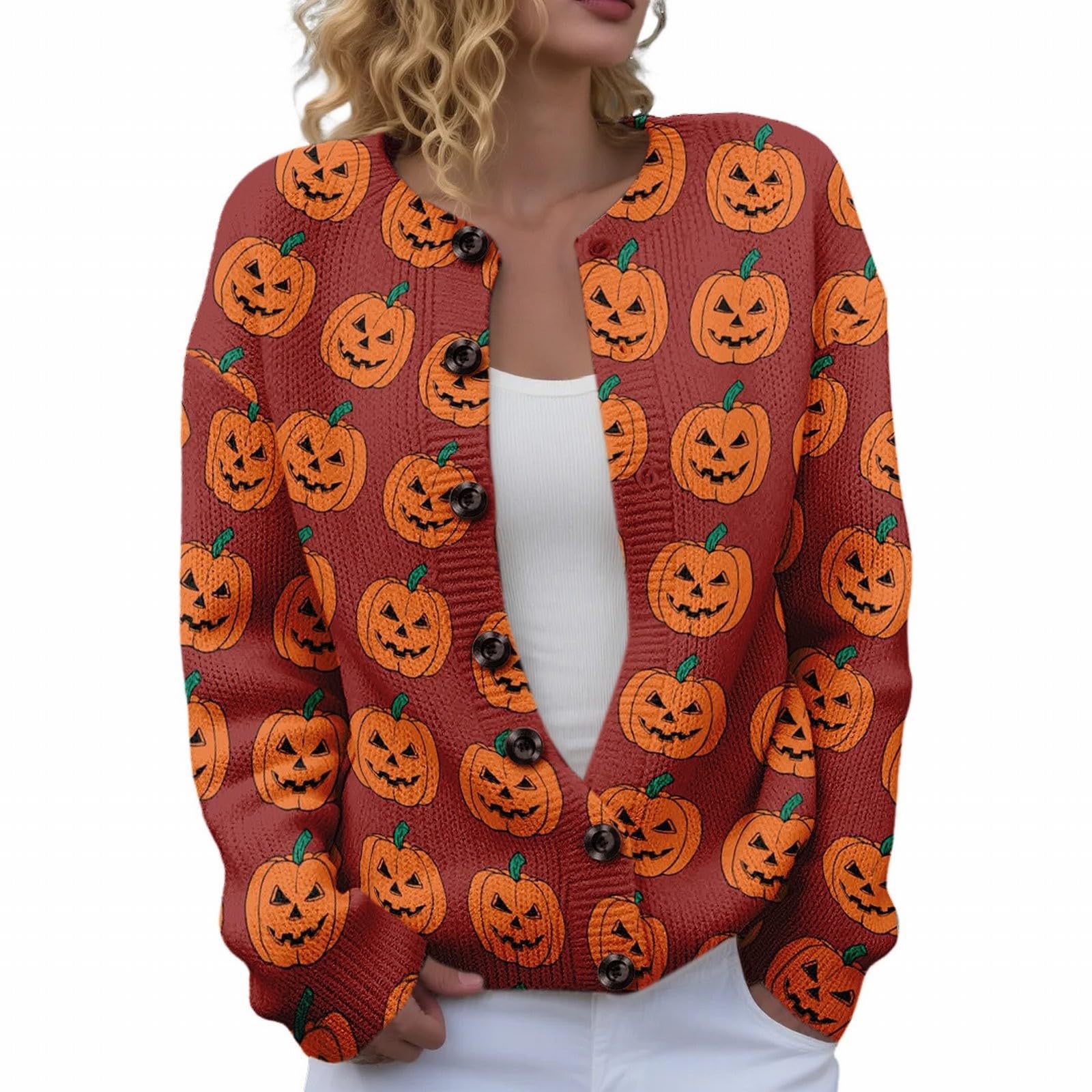 Women's Halloween Ghost Pumpkin Print Button Cardigan Sweater