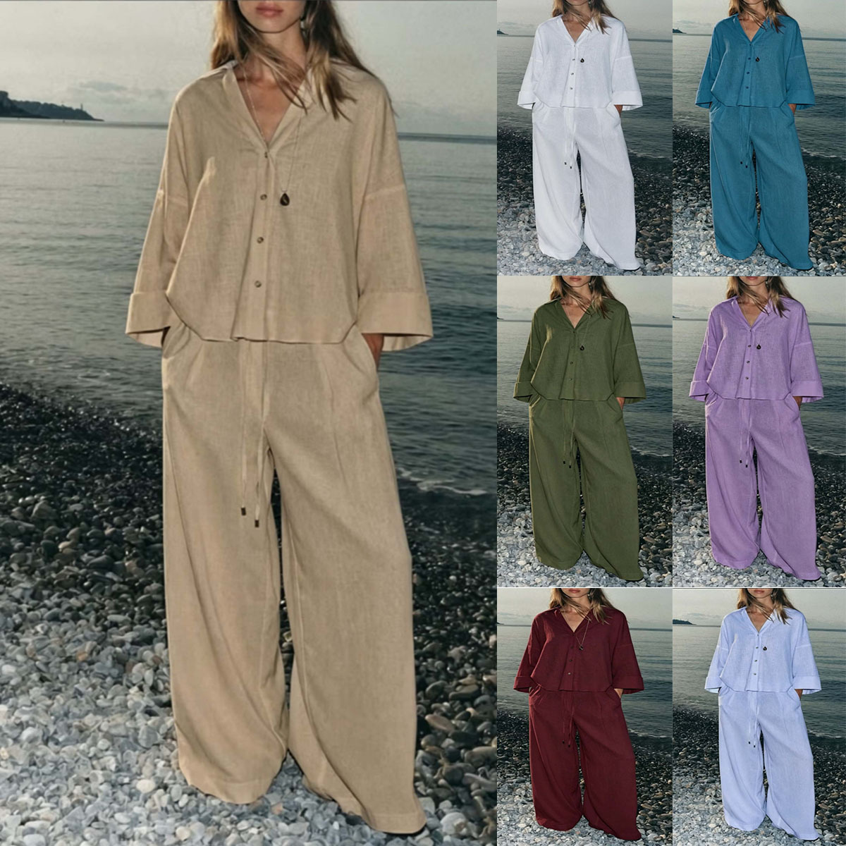 Women's Solid Color Shirt and Pants Set Casual Cotton Blend