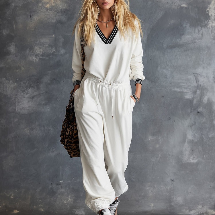 Women's V-Neck Long Sleeve Top and Drawstring Pants Two-Piece Set