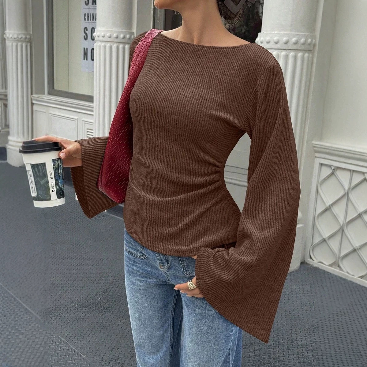 Slim Fit Knit Top with Round Neck and Flared Sleeves