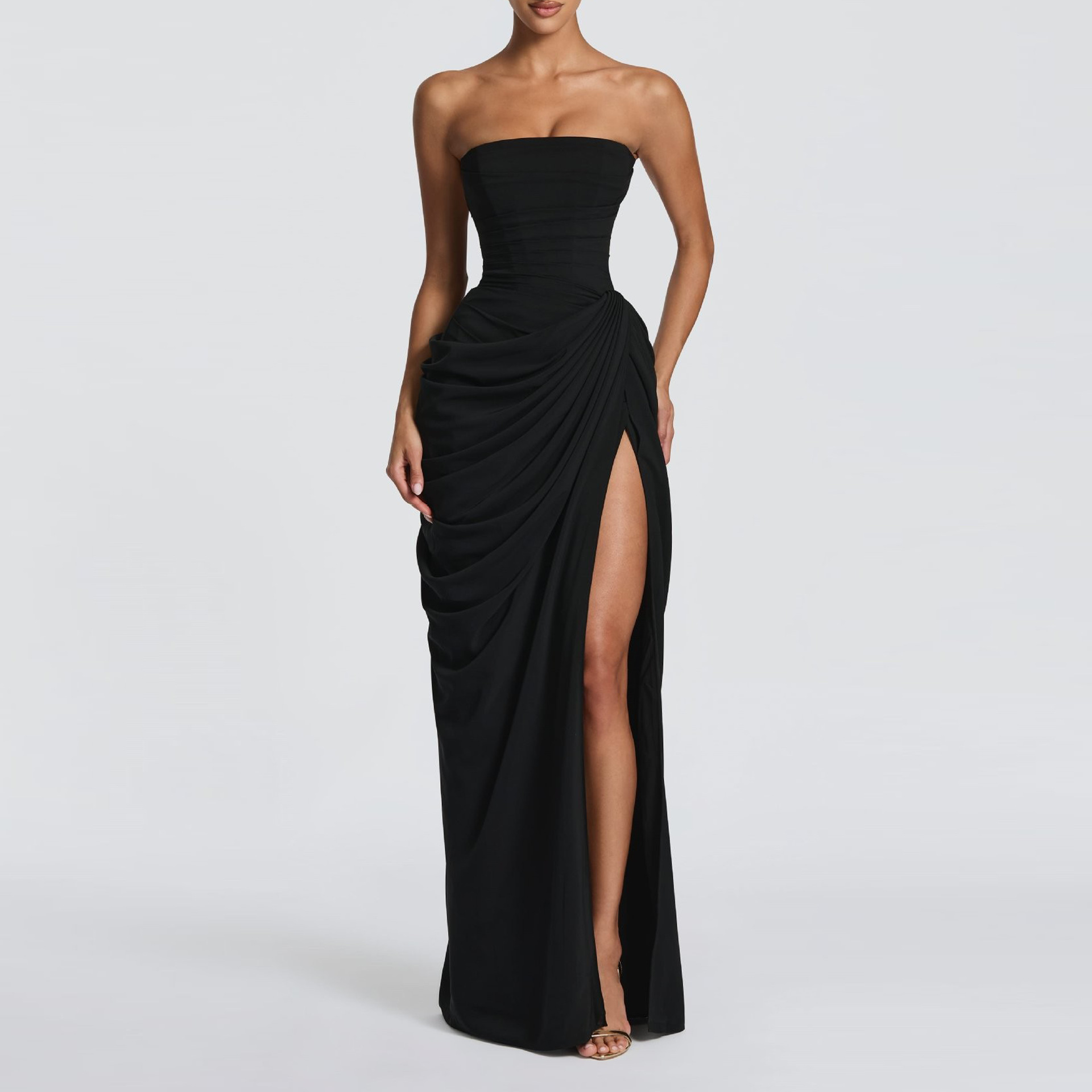 Elegant Solid Strapless High-Slit Long Dress