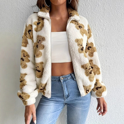 Fuzzy Fleece Bear Print Zip-Up Jacket Women's Loose Fit