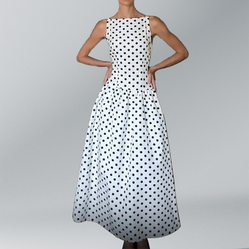 Polka Dot High-Waist Ruched Sleeveless Long Dress