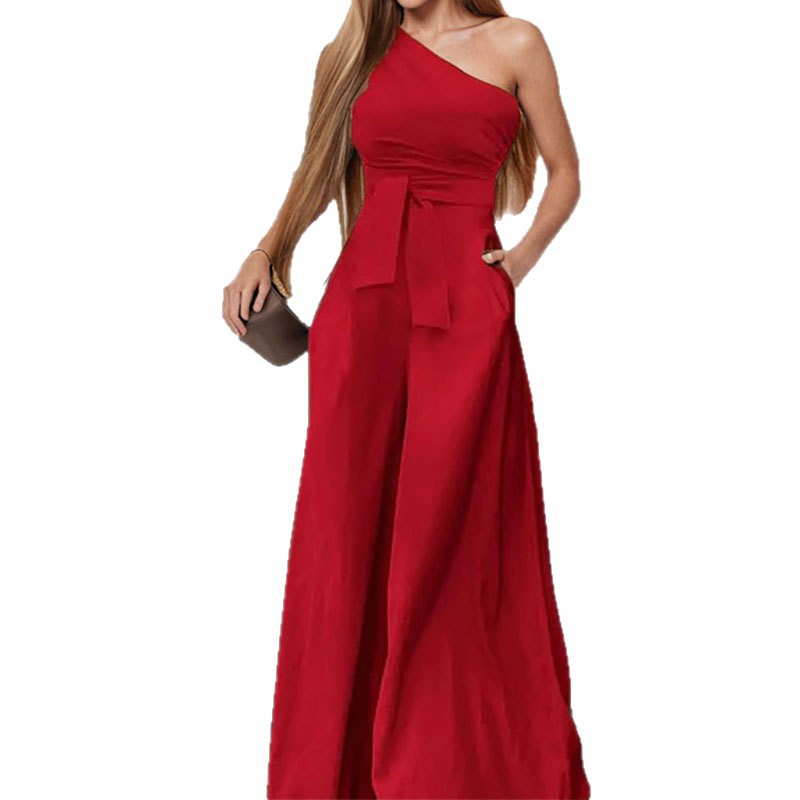 Women's Elegant V-Neck Wide-Leg Jumpsuit Solid Color Casual Commuter