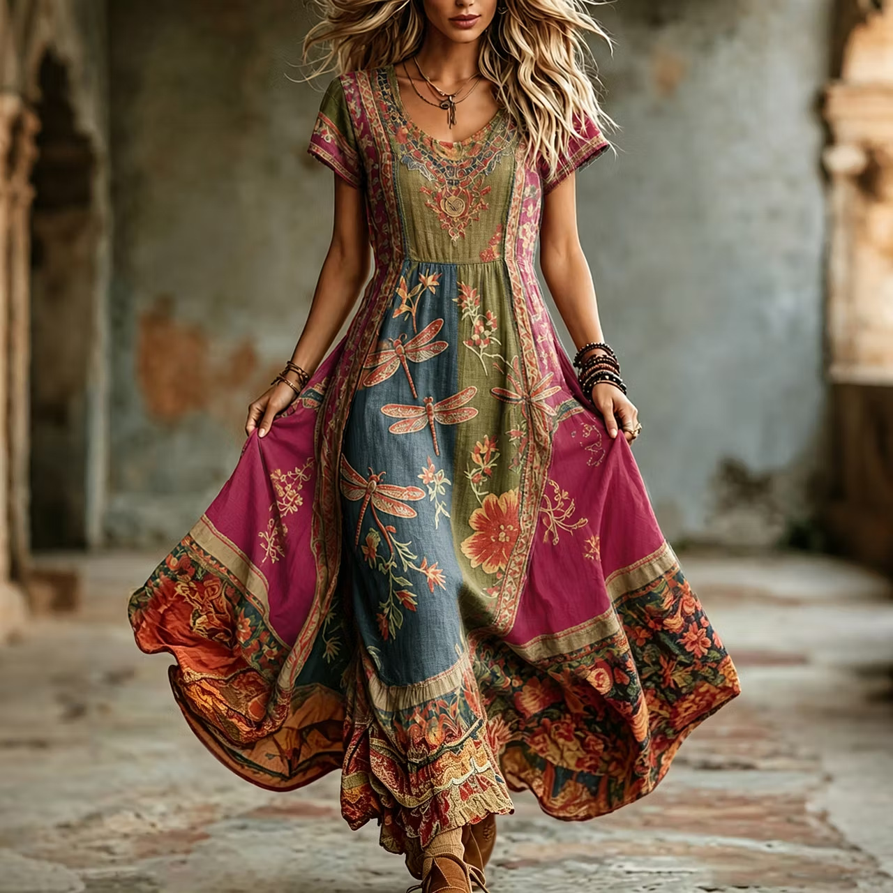 Women's Floral Print Ruched Midi Dress Short Sleeve Crew Neck