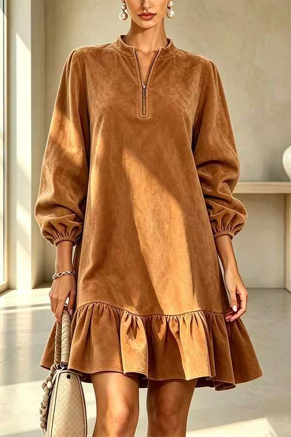 Faux Suede Dress with Lantern Sleeves and Ruffle Half-Zip Stand Collar