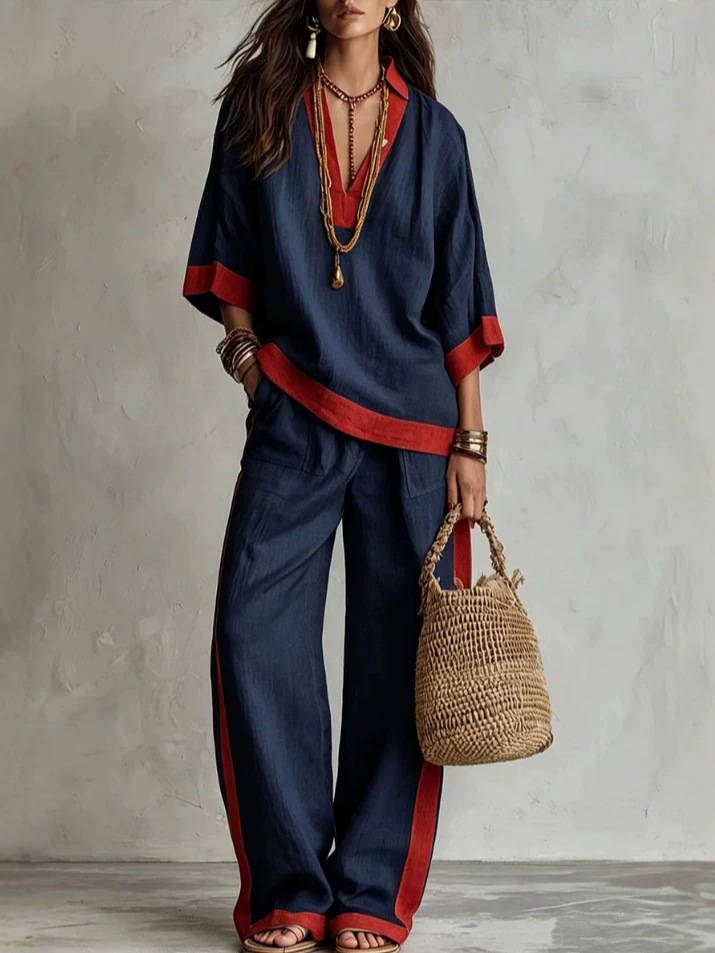 Color-Block Linen Blend Lounge Set – V-Neck Top & Wide-Leg Pants