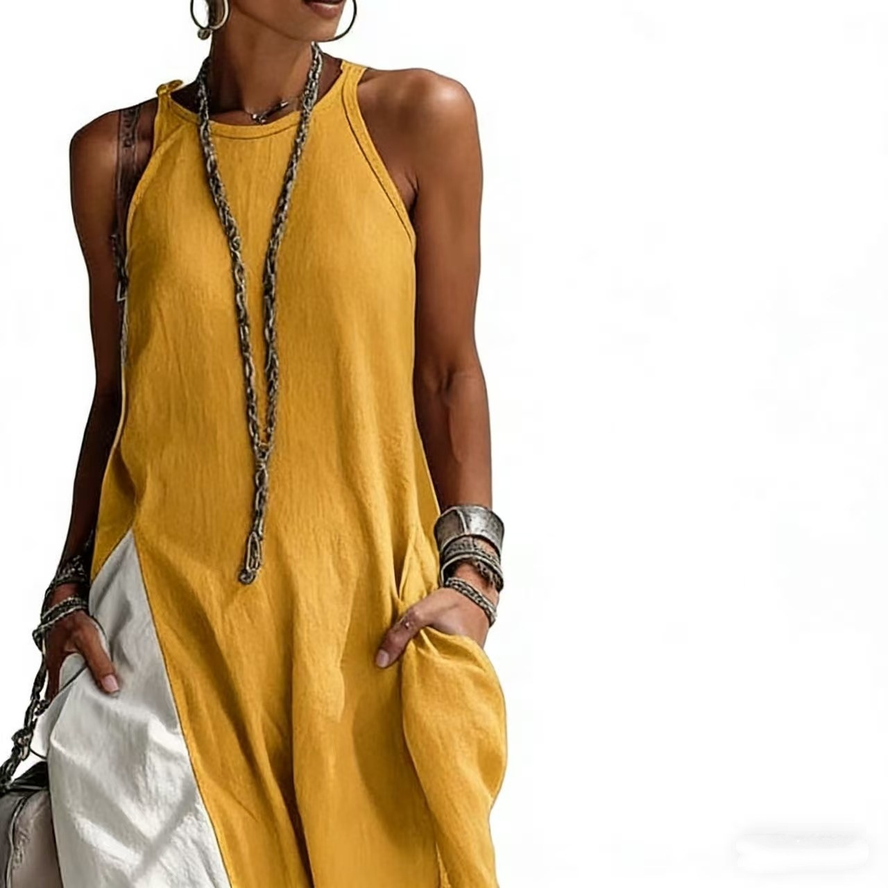 Women's Sleeveless Off-Shoulder Colorblock Maxi Dress with Pockets