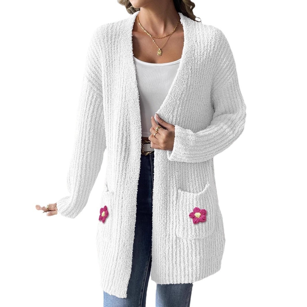 Women's Knit Cardigan with Hand-Crochet Floral Appliqué and Dual Pockets