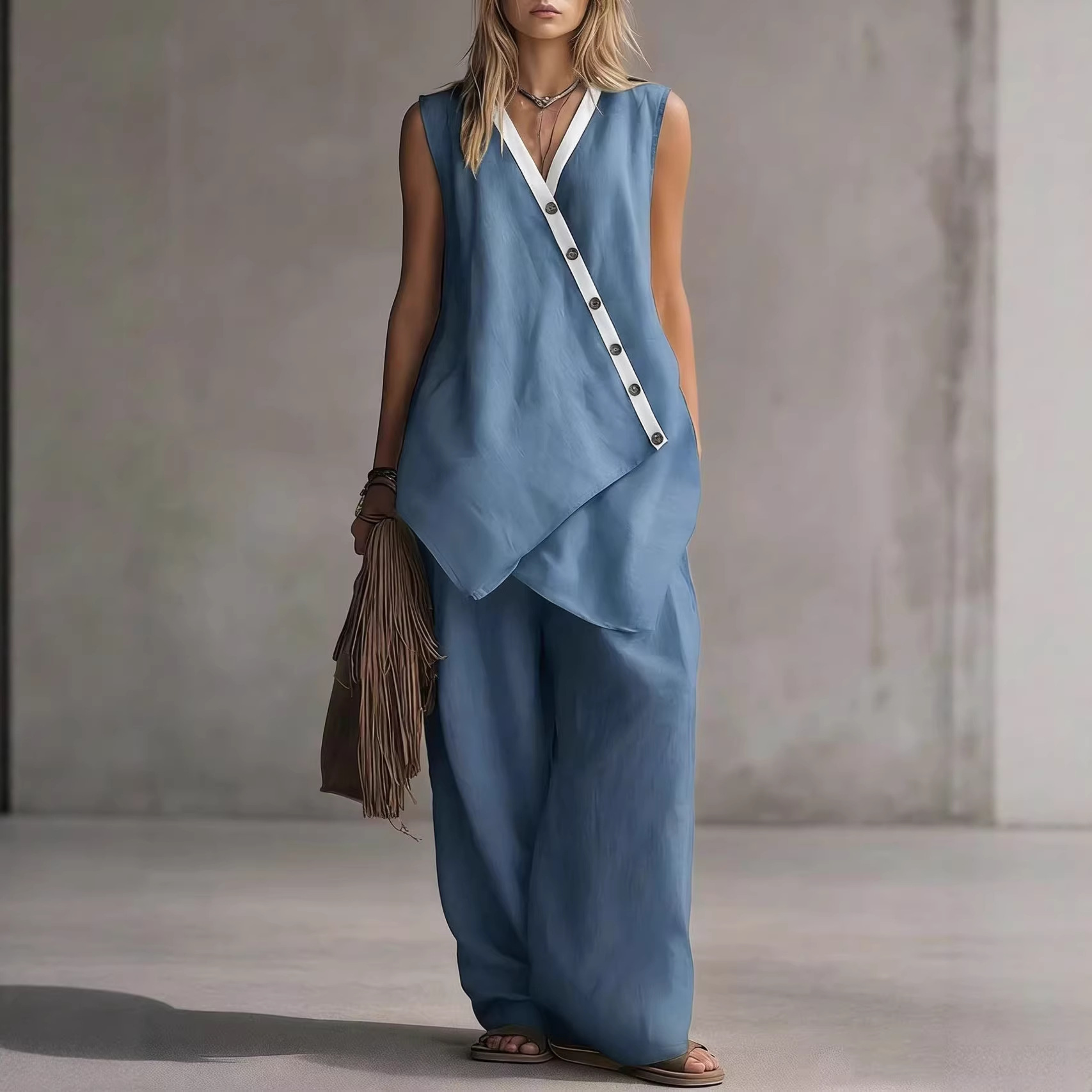Bohemian V-Neck Button Tank Top & Wide-Leg Pants Casual Set