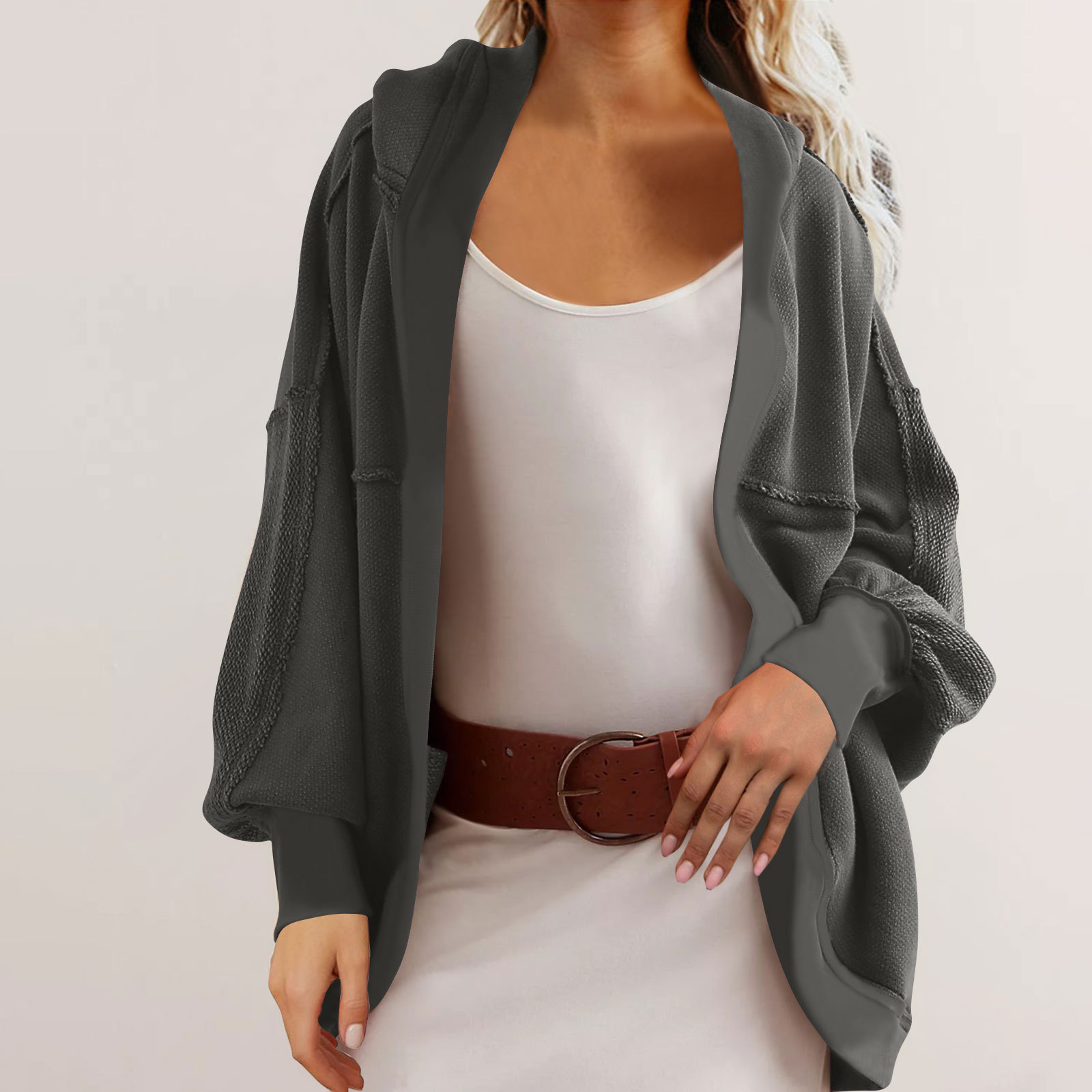 Women's Hooded Open-Front Sweatshirt with Back Panel, Loose Fit
