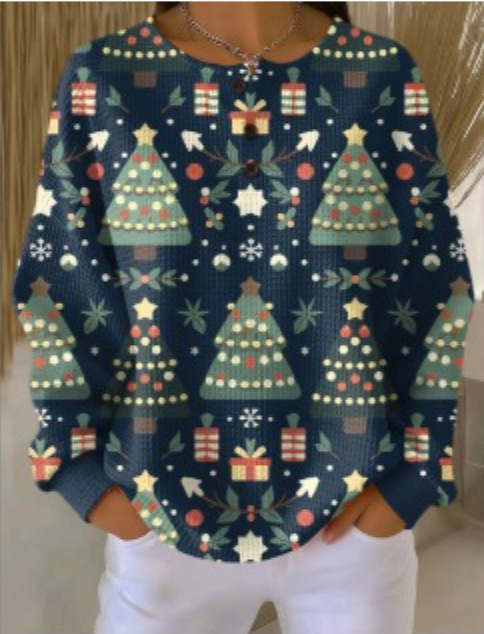 Women's Plaid Tree Floral Polka Dot Print Button Sweatshirt