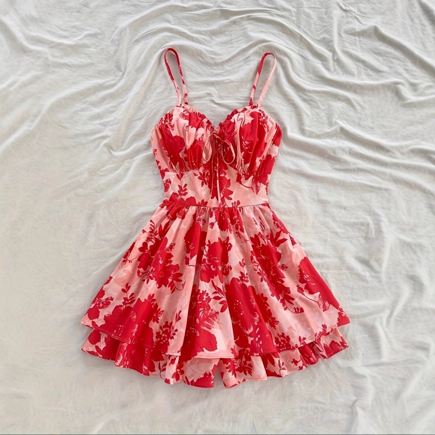 Women's Red Floral Print Spaghetti Strap Ruffle Neck Ruched Bodice Fit and Flare A-Line Dress