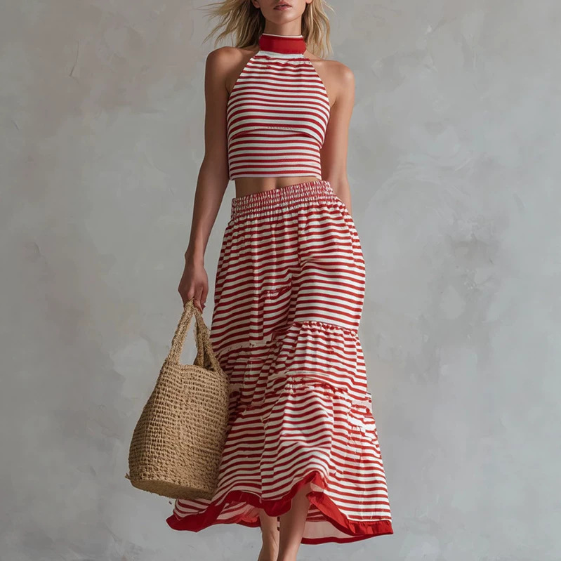 Retro Red Striped Sleeveless Top and Skirt Set